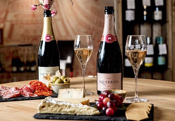 Wine and food on table at Squerreys